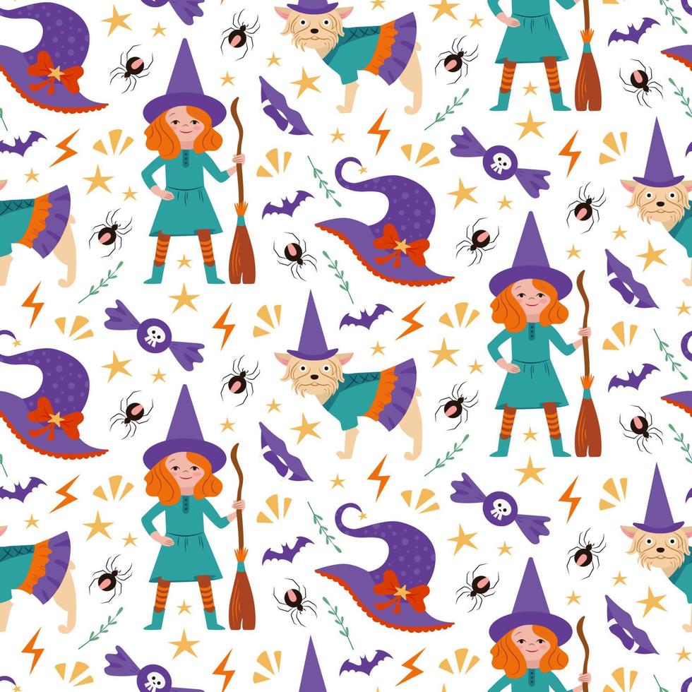 Cute dog and girl in Halloween witch costume seamless pattern. Funny pattern with witch hat and halloween characters on white background vector