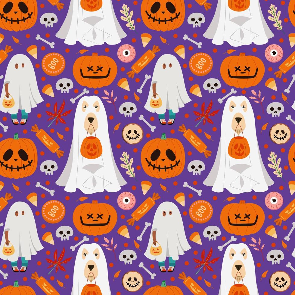 Halloween seamless pattern with dog and boy ghost costume. Trick or treat seamless pattern vector