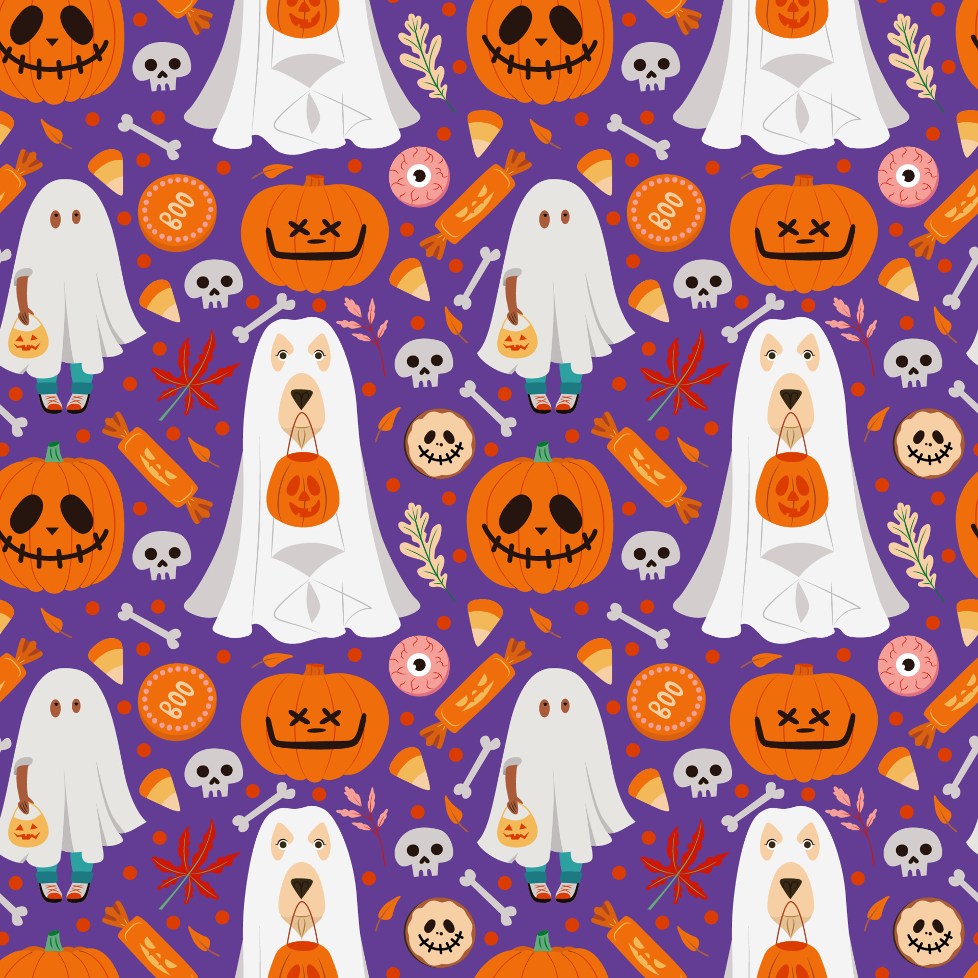 Halloween seamless pattern with dog and boy ghost costume. Trick or
