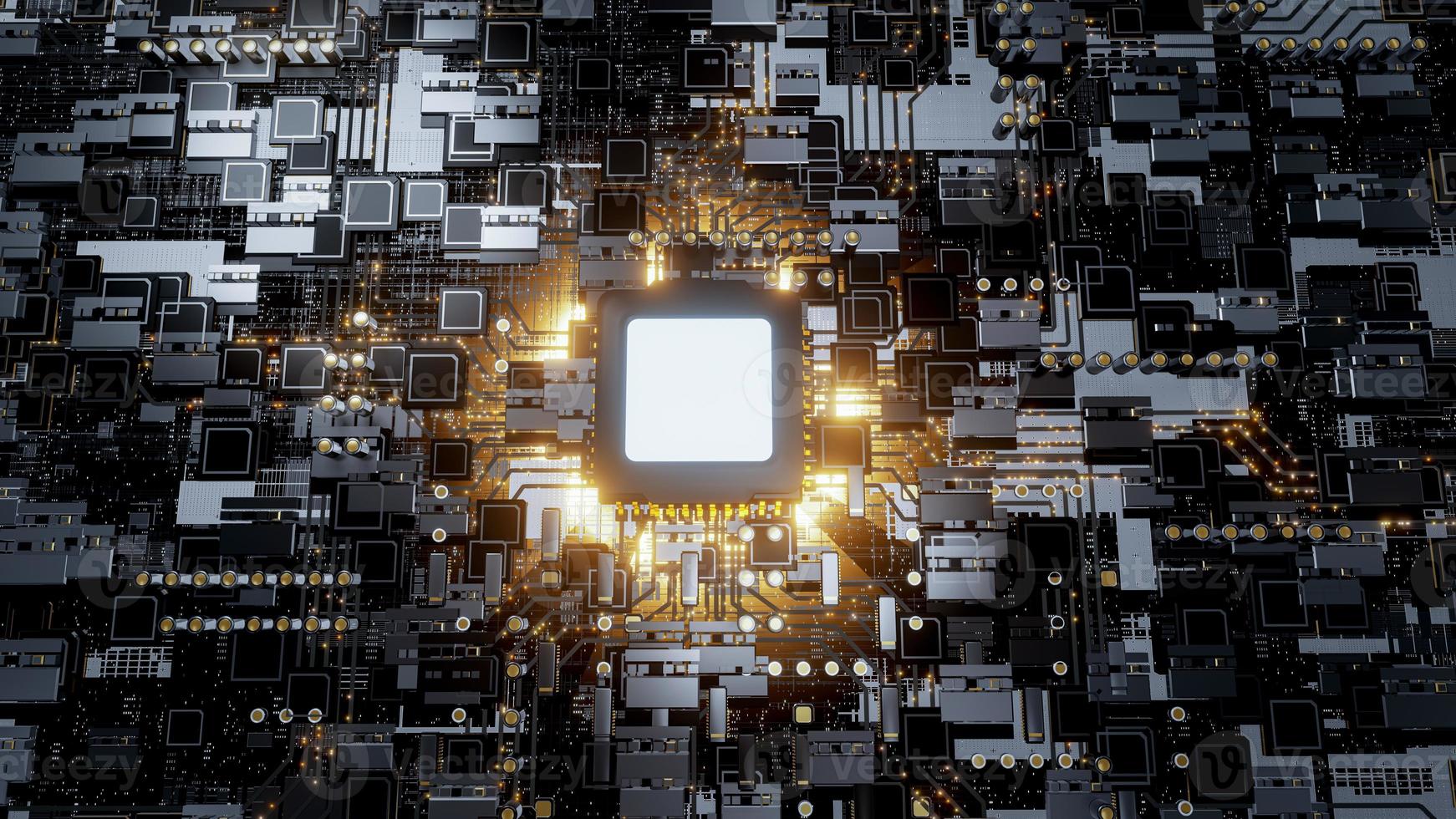 Computer circuit board or motherboard. Electron stream running from CPU concept, technology data transmission in electronic devices. Technology and communication concept. 3D rendering photo