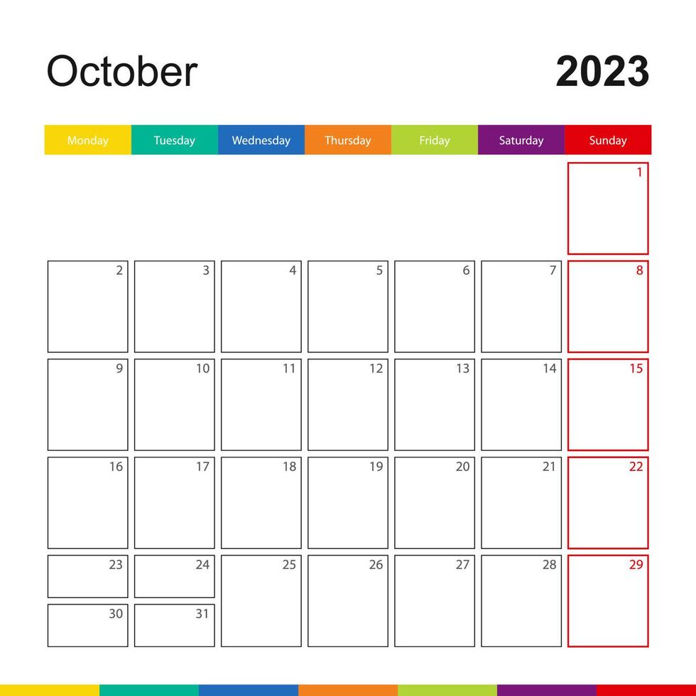 calendario de pared colorido de octubre de 2023, la semana comienza el lunes. vector