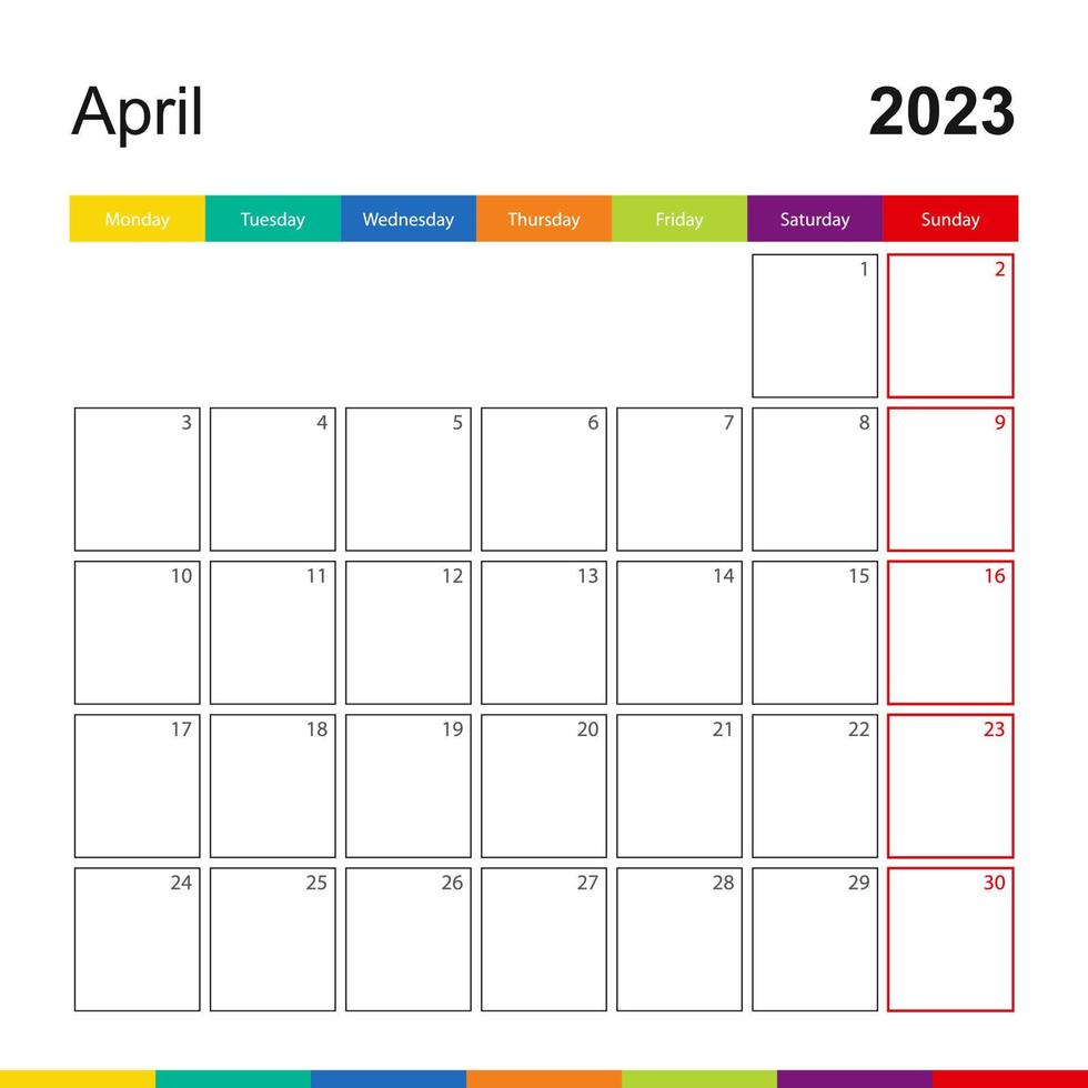 calendario de pared colorido de abril de 2023, la semana comienza el lunes. vector