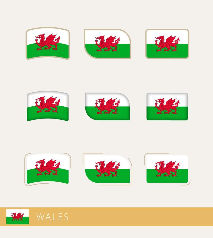 Vector flags of Wales, collection of Wales flags.