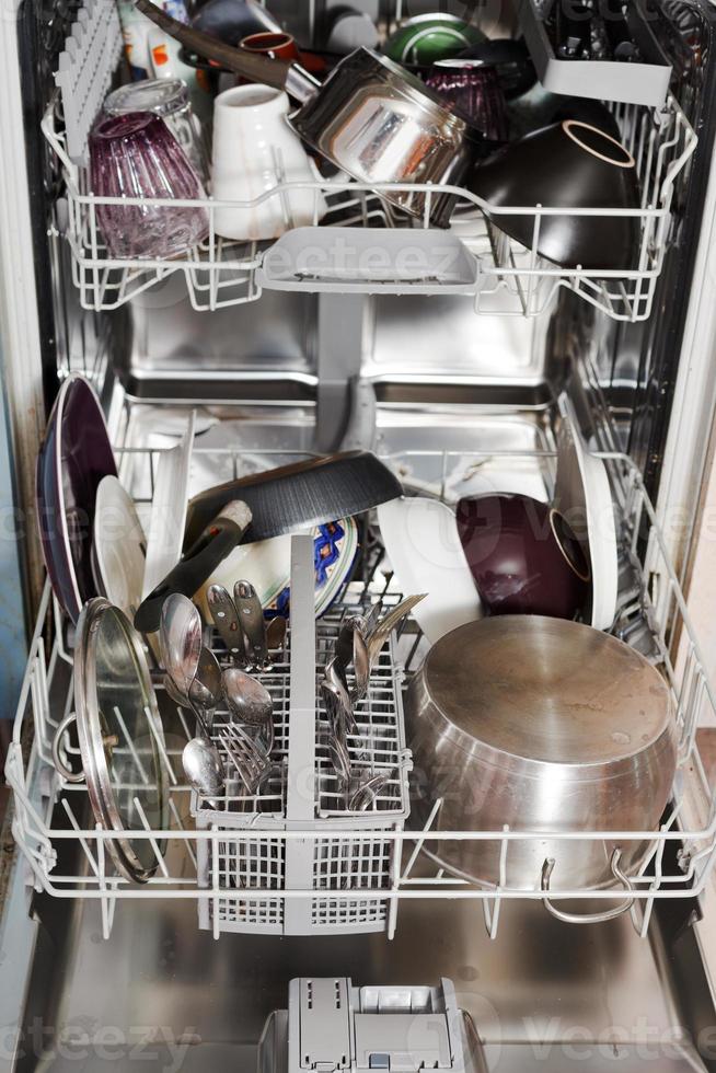 dirty cookware in home dishwasher photo