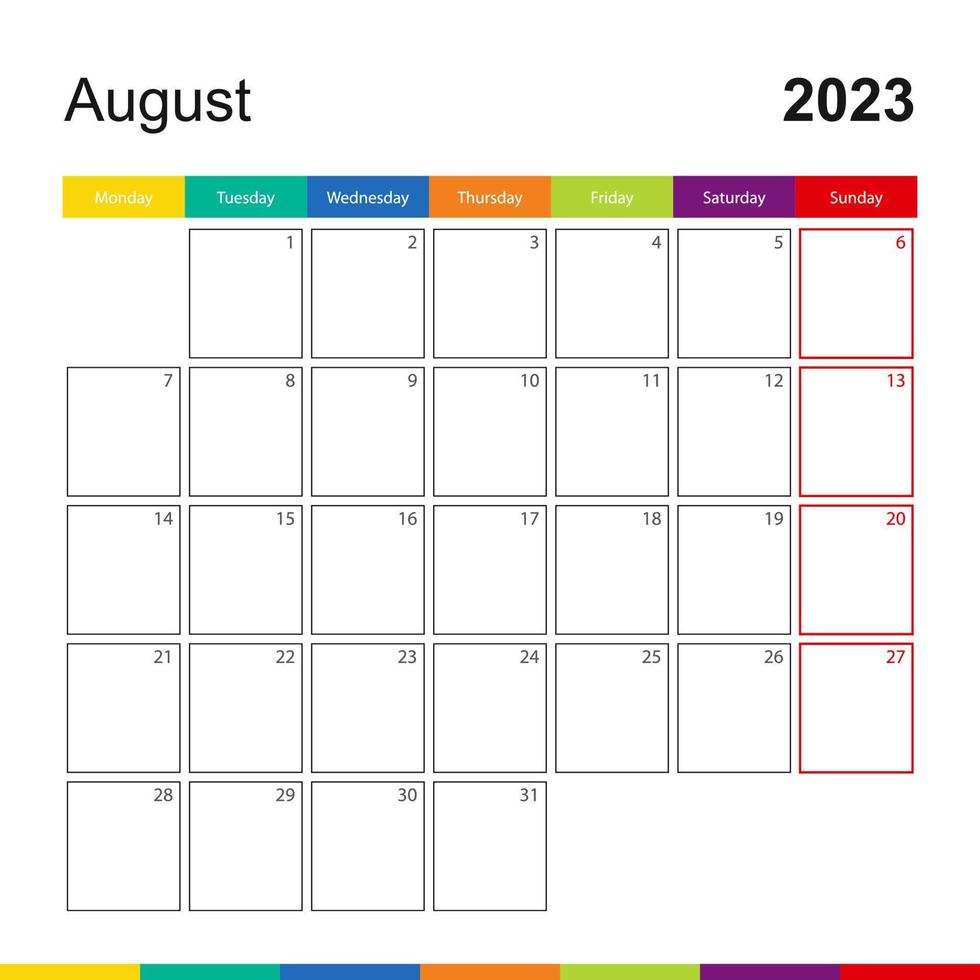 calendario de pared colorido de agosto de 2023, la semana comienza el lunes. vector