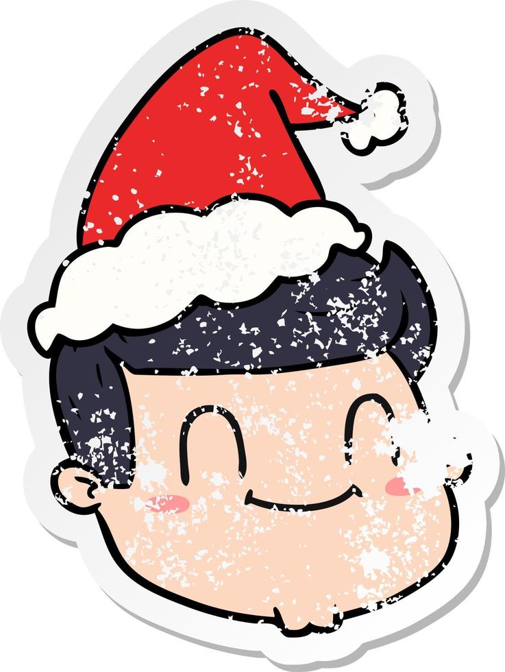 distressed sticker cartoon of a male face wearing santa hat vector