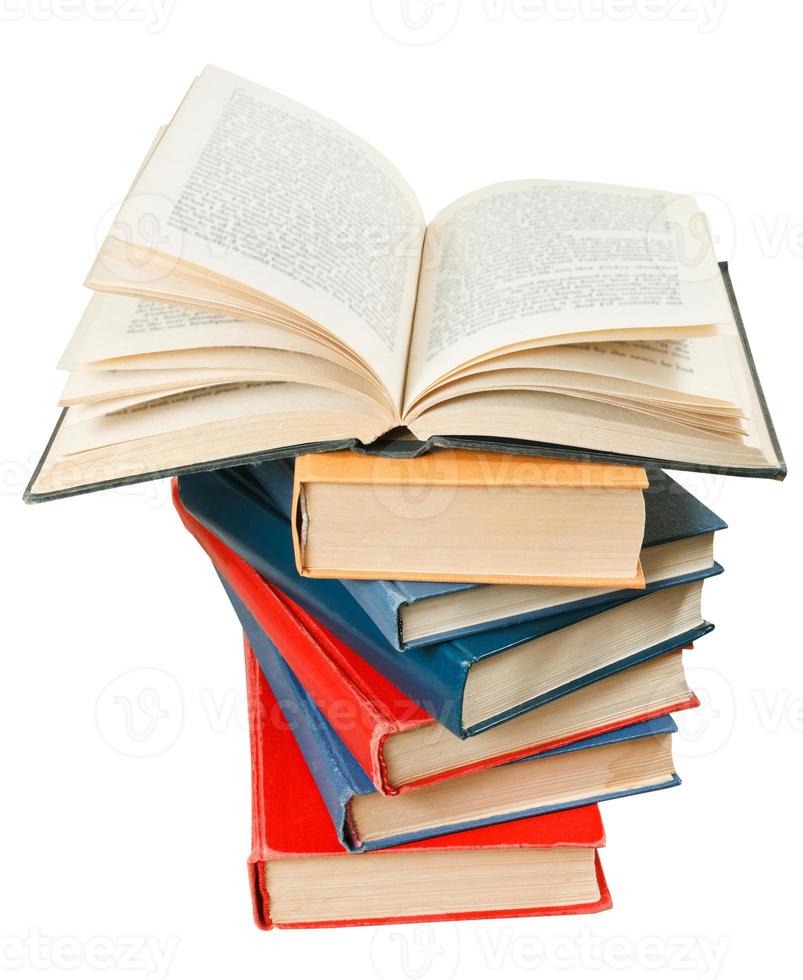 open book on top of stack of books photo