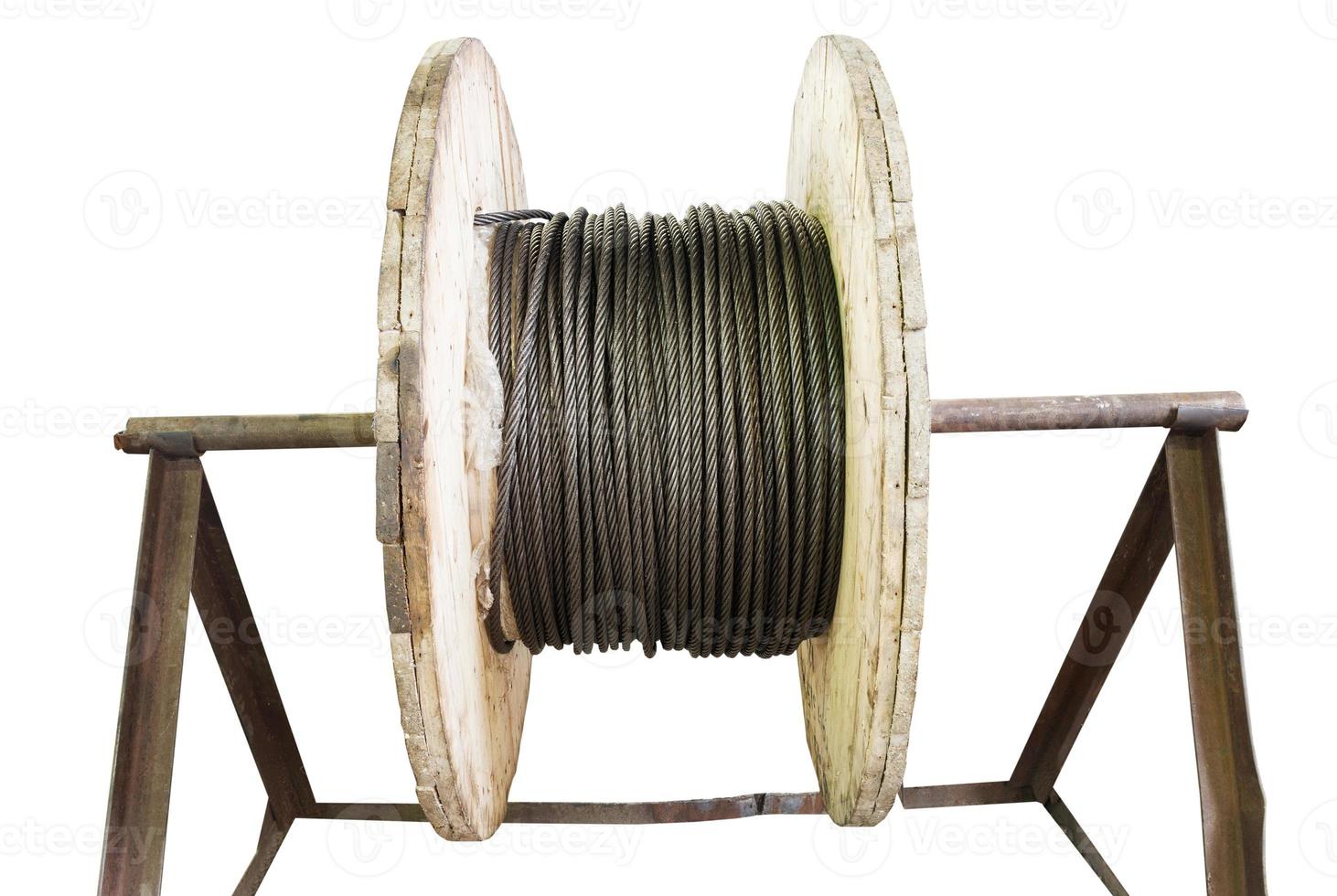 industrial wooden reel with steel rope isolated photo