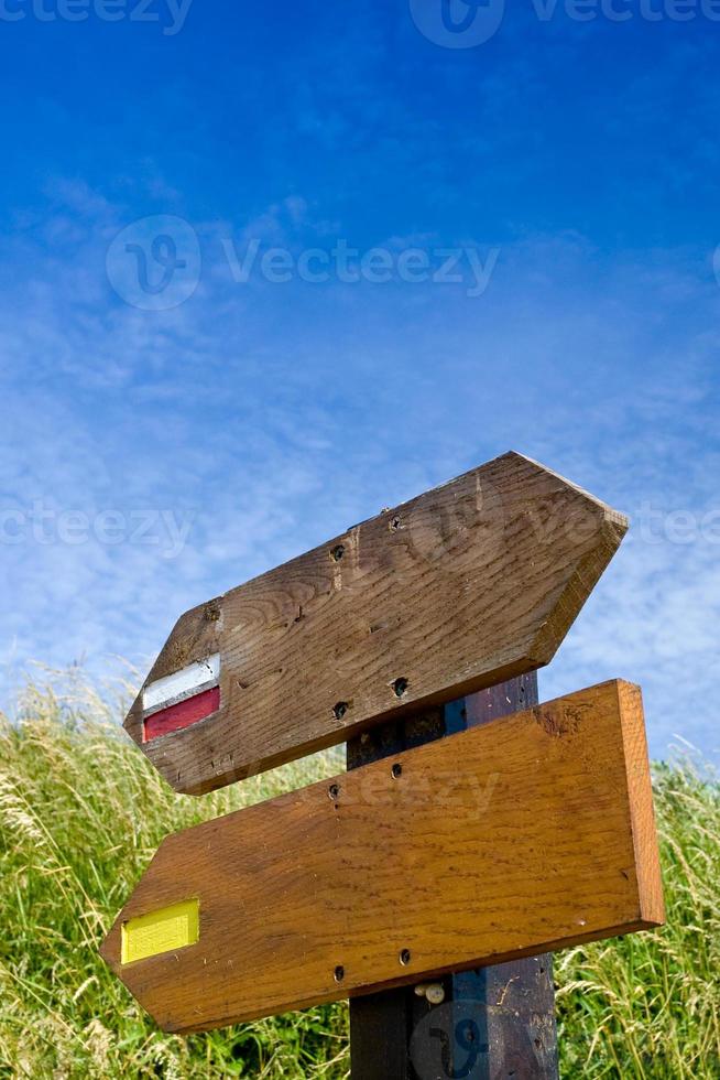 two wooden signs in field photo