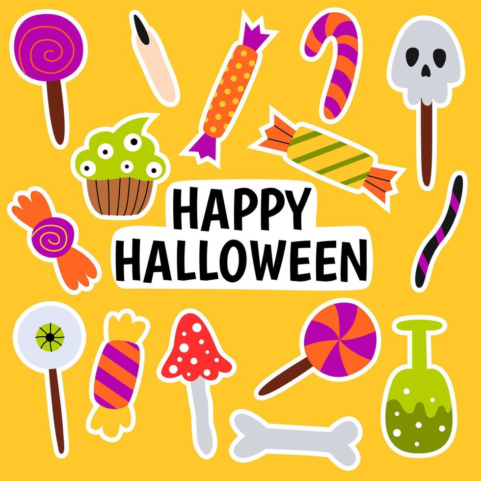 Set halloween sweets stickers. Cupcake, lollipops, candies, sugar cane and cookies. Trick or treat elements. Holiday design. Vector cartoon illustration for print, pattern, poster, card, banner.