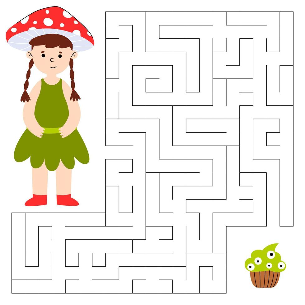 Maze game for children. Cute boy in costume mushroom looking for a way to the zombe cupcake. Children's educational game. Vector cartoon illustration.
