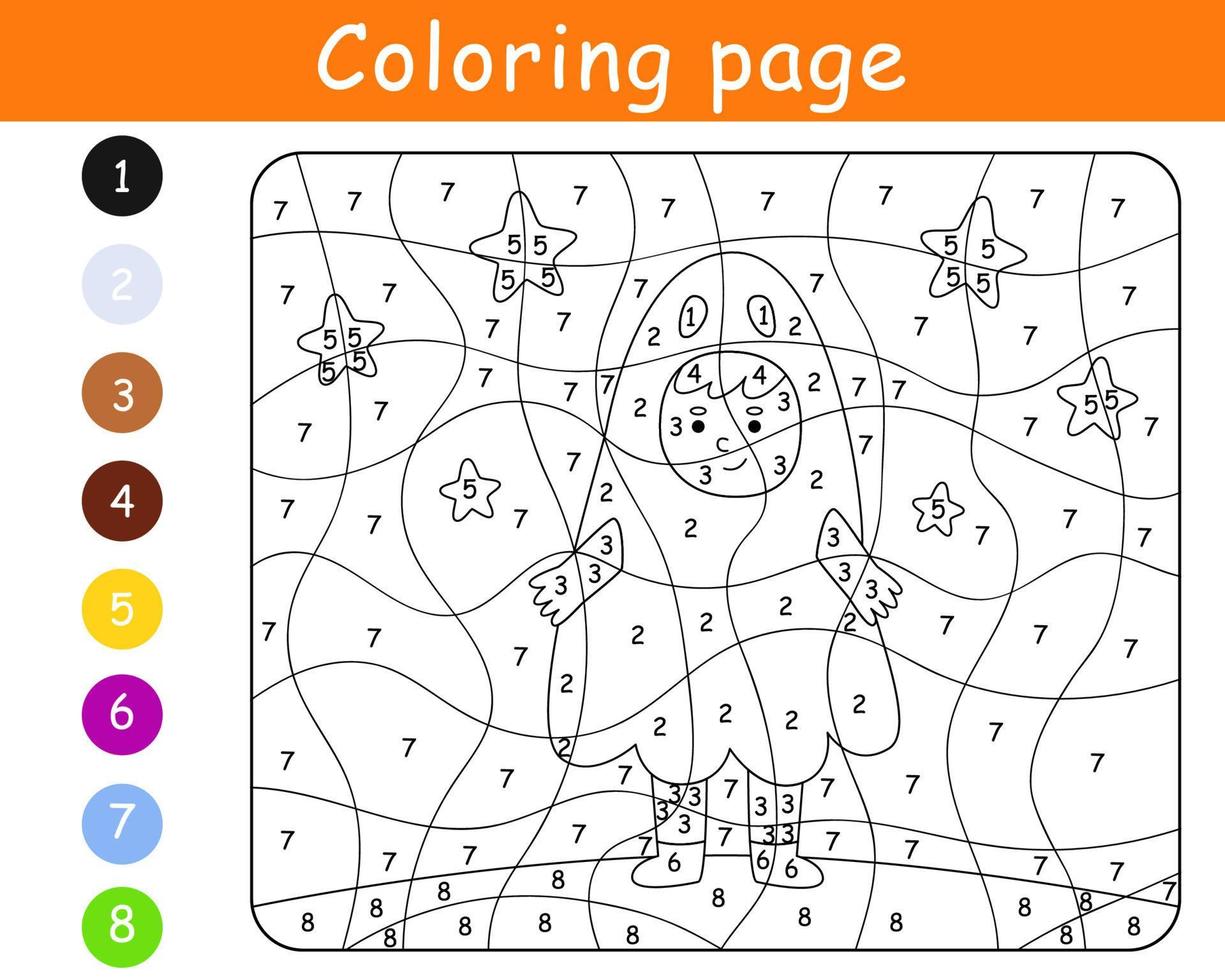 Color by number game for kids. Child in costume ghost. Halloween party. Printable worksheet. Coloring page. Vector cartoon illustration.