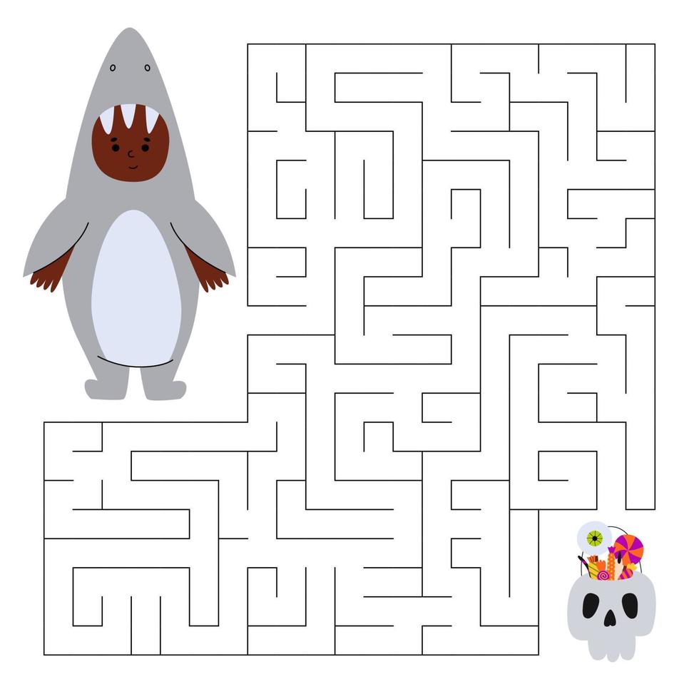 Maze game for children. Cute boy in costume shark looking for a way to the skull bag with sweets. Children's educational game. Vector cartoon illustration.