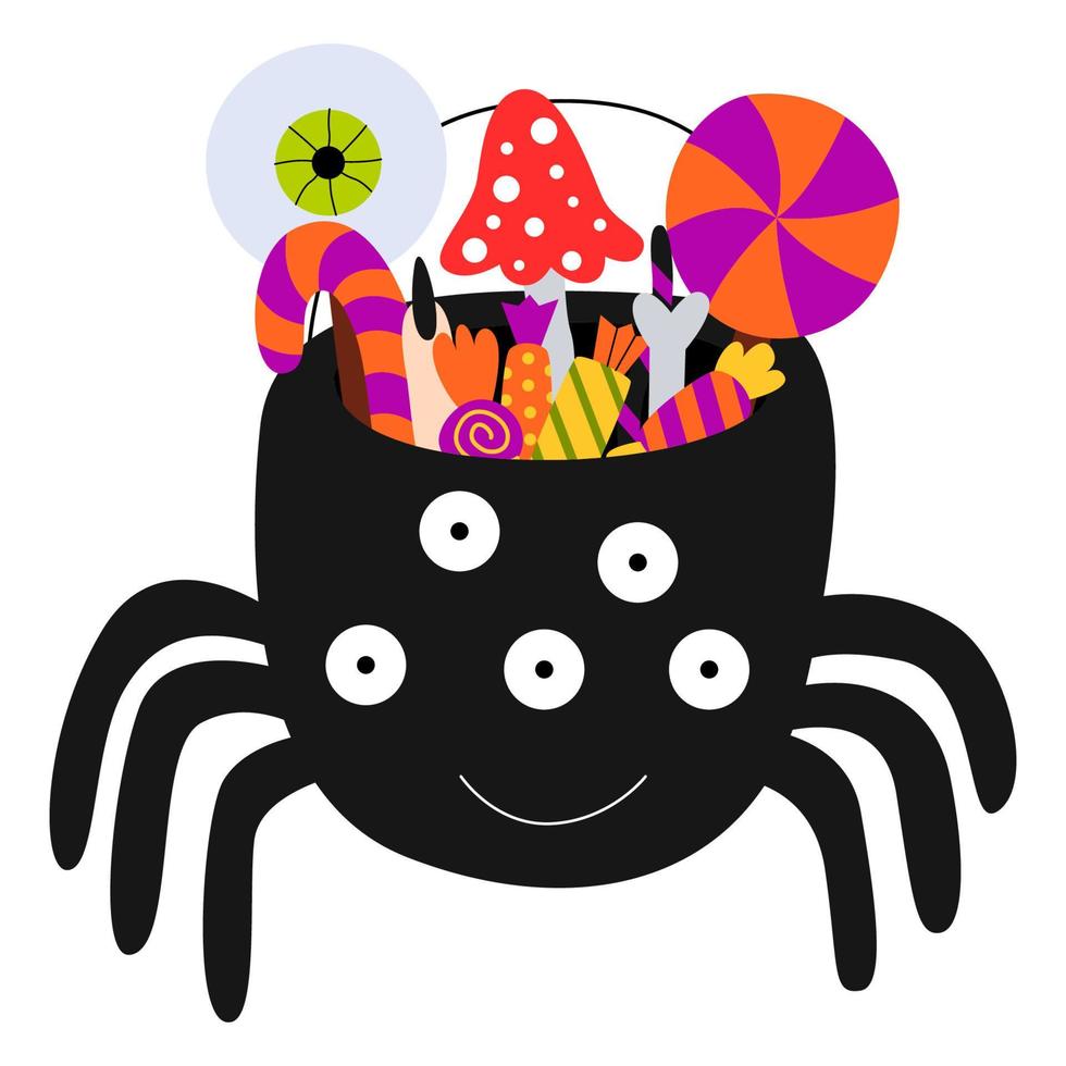 Halloween candies in spider cauldron. Lollipops, candies, sugar cane and cookies. Trick or treat elements. Vector cartoon illustration.