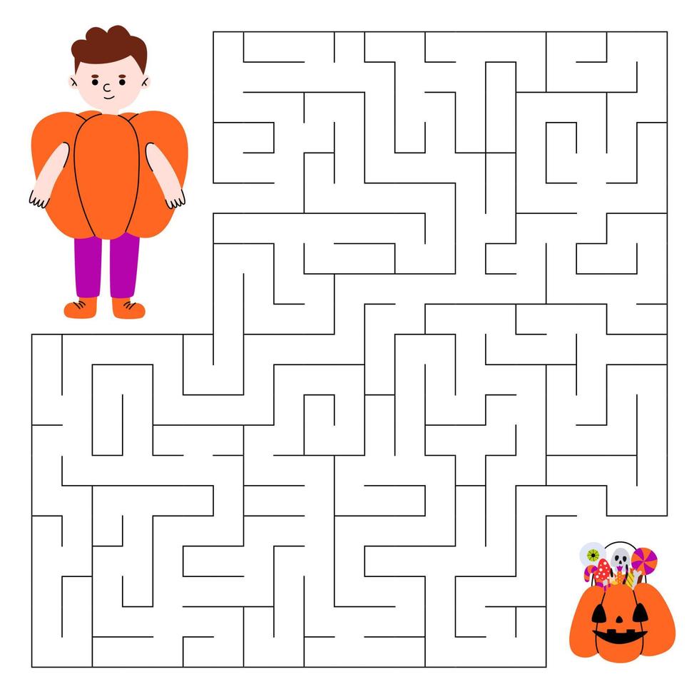 Maze game for children. Cute boy in costume pumpkin looking for a way to the bag with sweets. Children's educational game. Vector cartoon illustration.