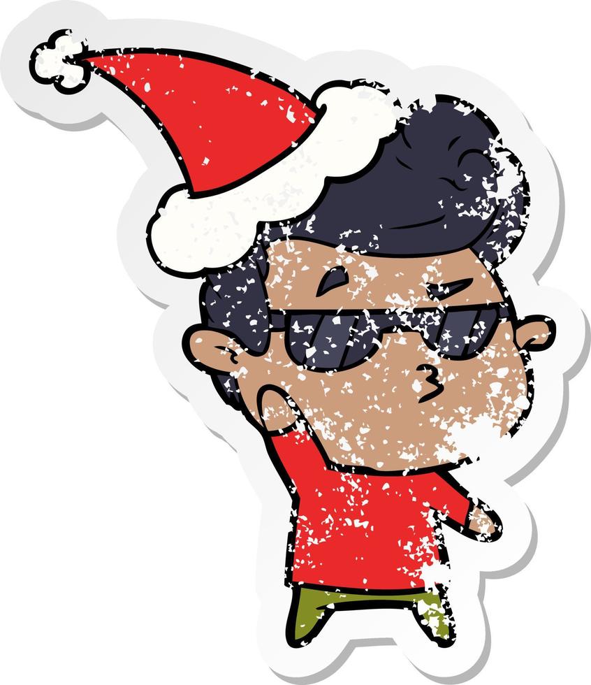 distressed sticker cartoon of a cool guy wearing santa hat vector