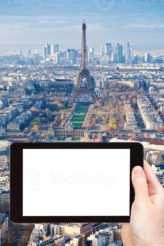 tourist photograph Paris skyline with Eiffel Tower photo