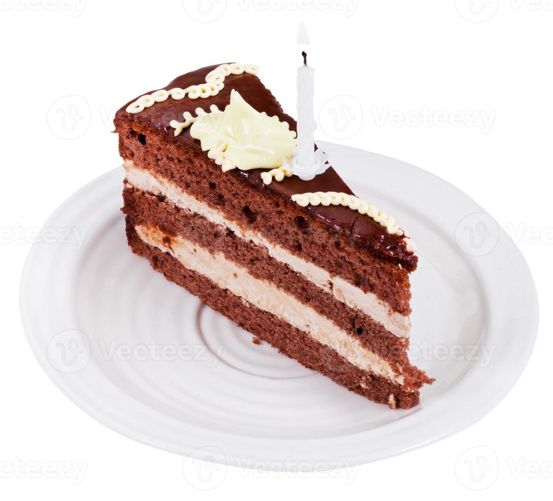 portion of chocolate cake with burning candle photo