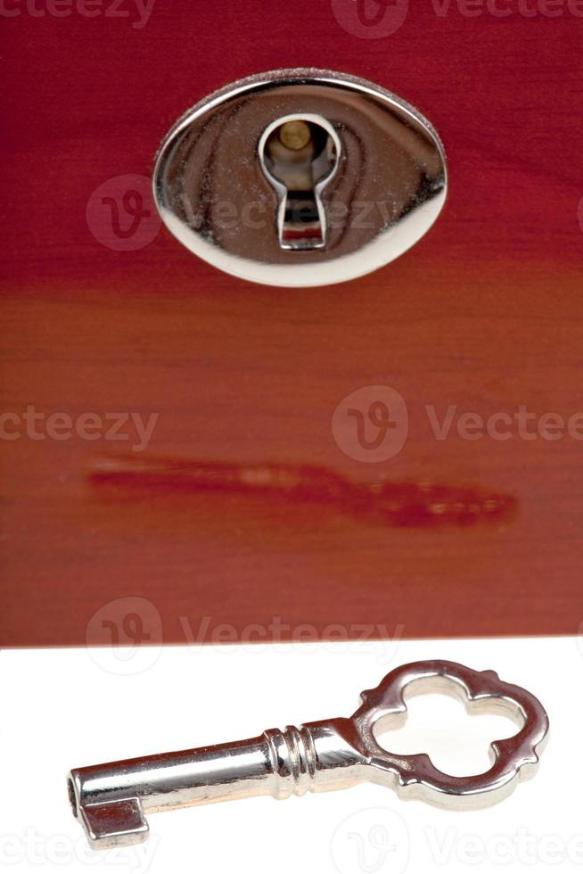 key and keyhole in wooden box photo