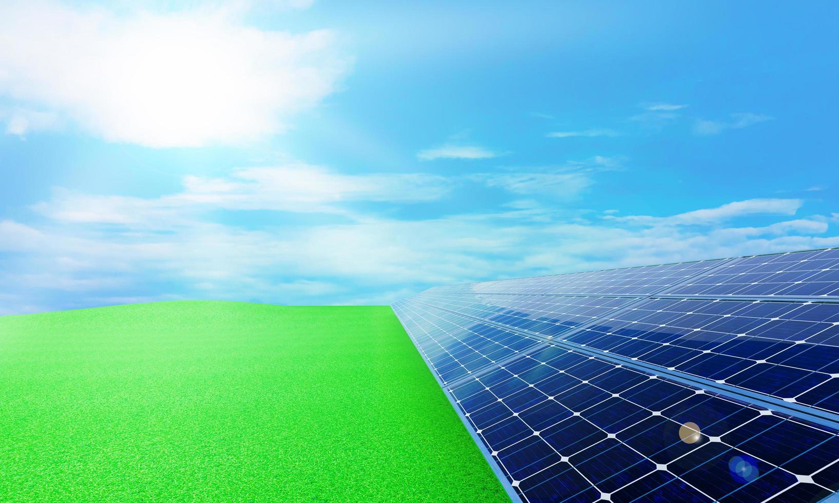 Solar panels on the meadow, clear sky, bright sunlight for generating electricity with sunlight. Solar farm which has many solar cells . 3D Rendering photo