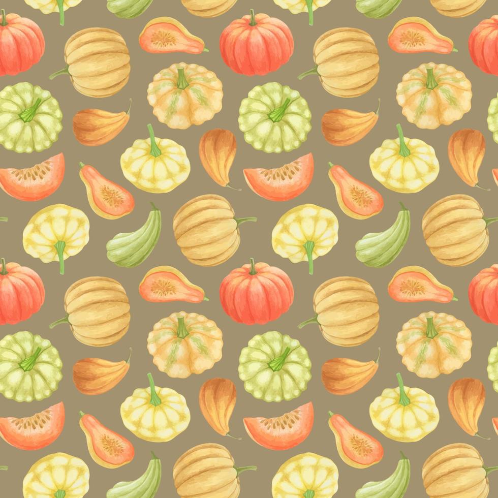 BEIGE VECTOR SEAMLESS PATTERN WITH MULTICOLORED WATERCOLOR PUMPKINS