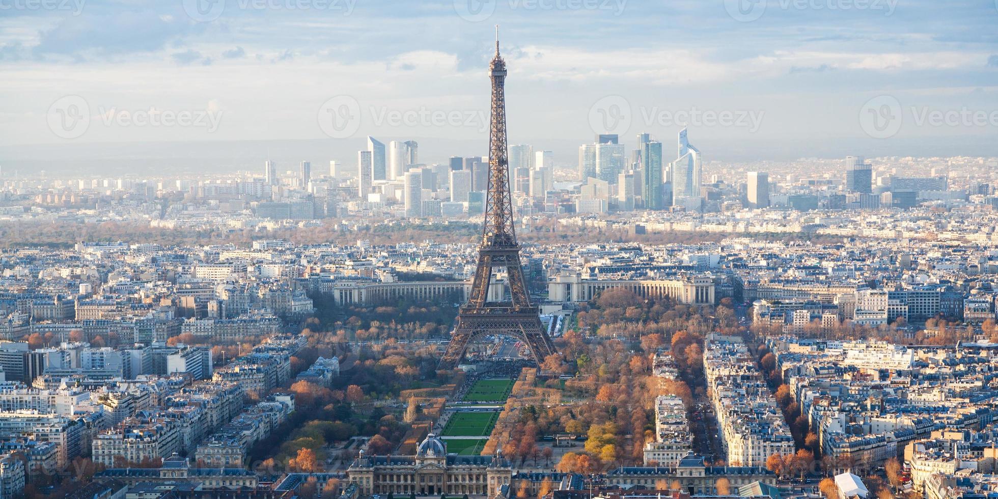 above view of Eiffel Tower and La Defence in Paris photo