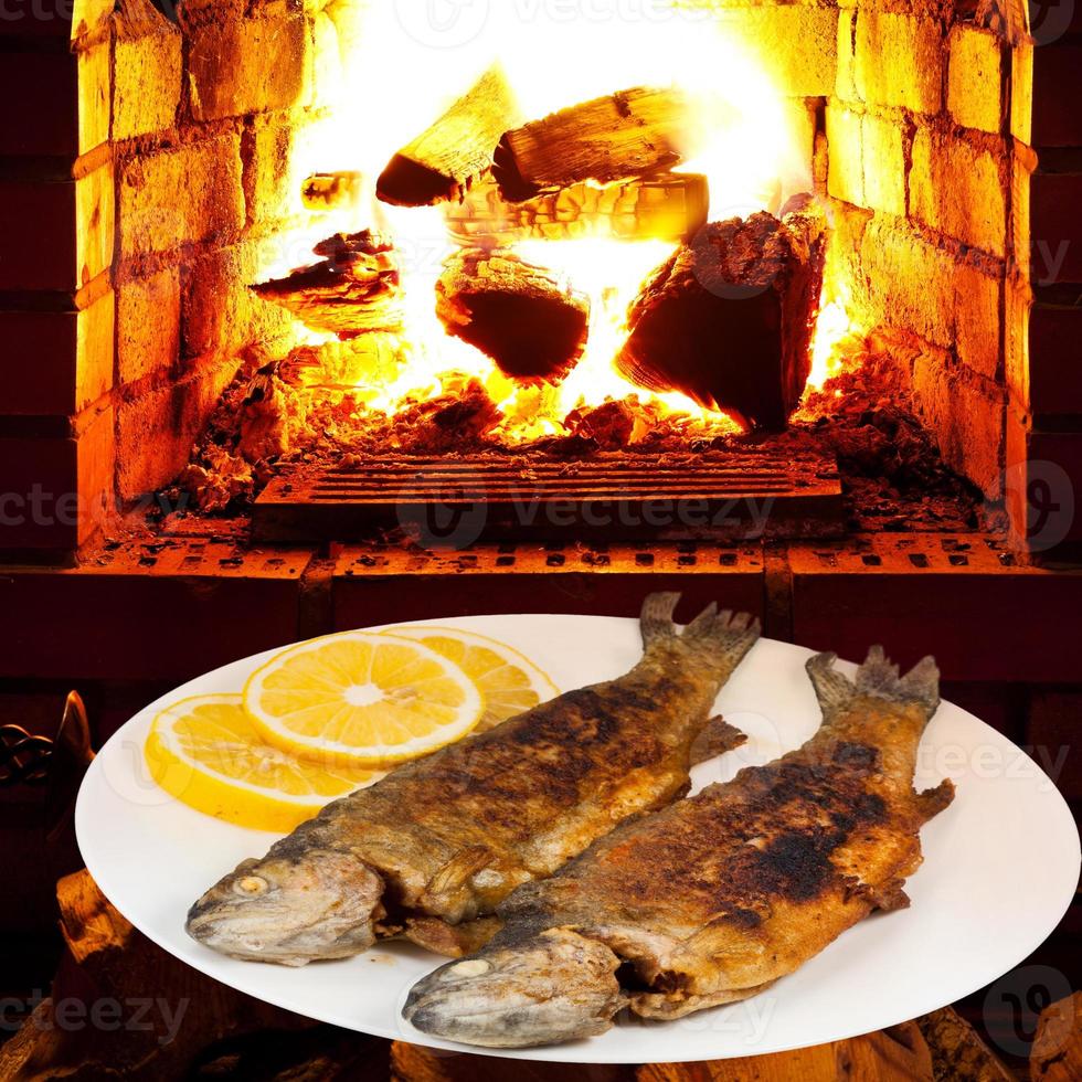 fried river trout fish on plate and fire in oven photo