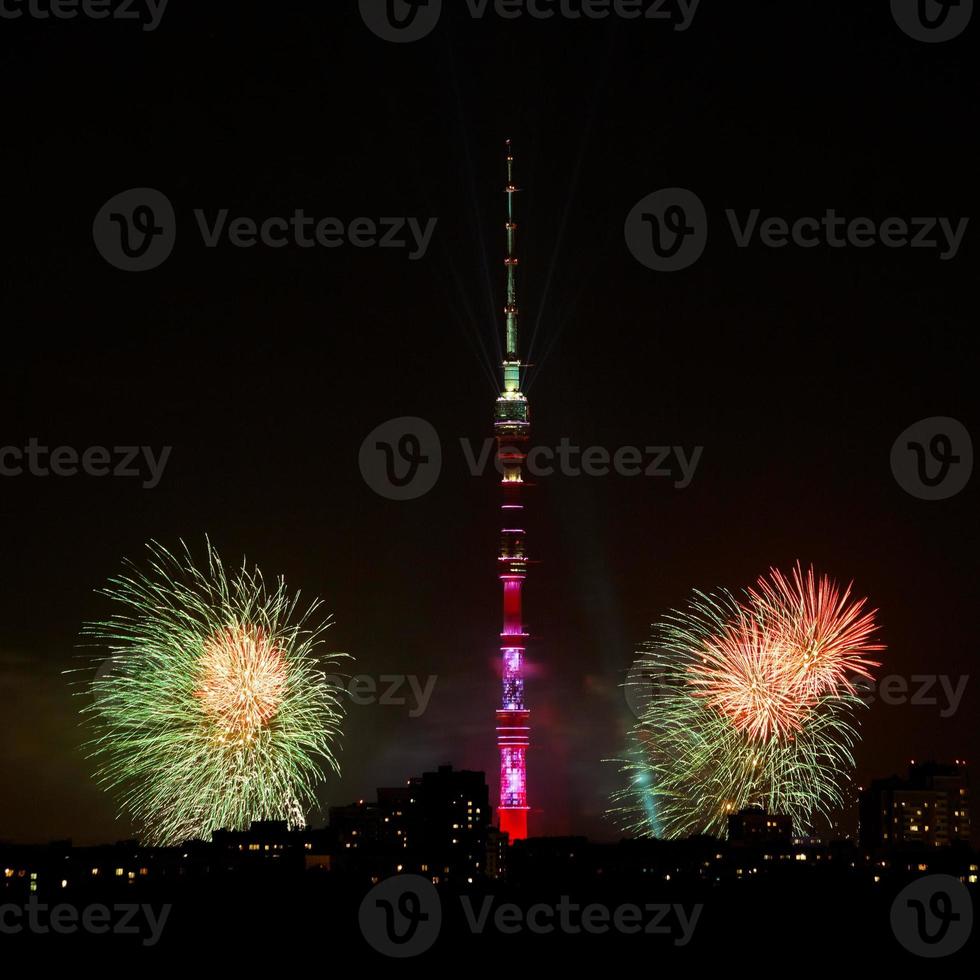 Night scenery with TV Tower and fireworks, Moscow photo