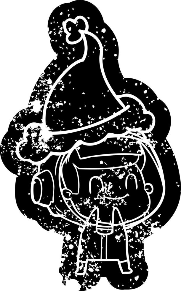 happy cartoon distressed icon of a astronaut wearing santa hat vector