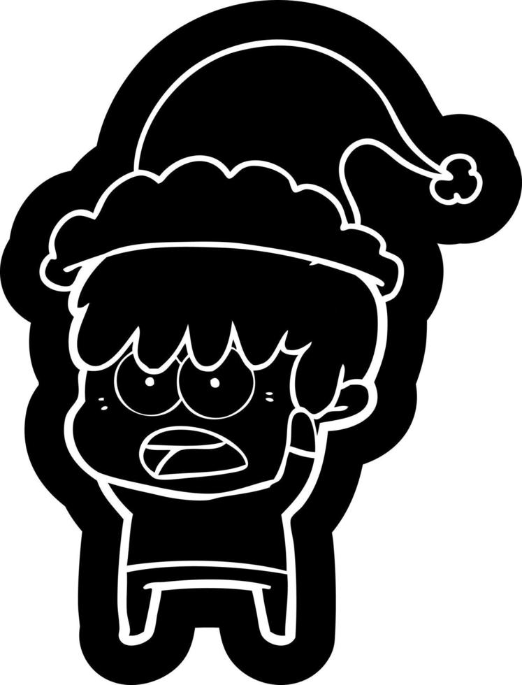 worried cartoon icon of a boy wearing santa hat vector
