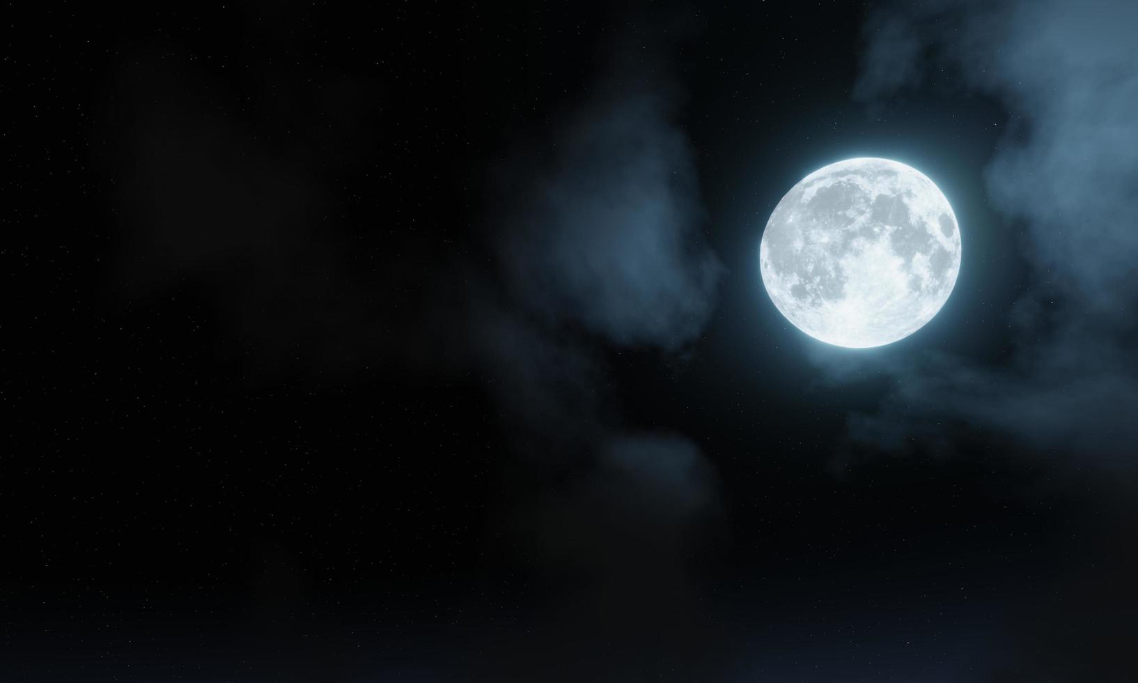 luna llena brillando halo algunas nubes blancas flotan en el cielo nocturno. noche de luna llena con estrellas centelleantes. llenar el cielo claro abierto. representación 3d foto