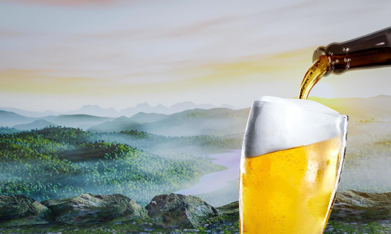 vierta cerveza en un vaso para llenar y hay muchas más espumas de cerveza hasta que el vaso se desborde. vierta espuma de cerveza sobre el vaso. mañana el amanecer o el atardecer. el paisaje es un pico de alta montaña. representación 3d foto