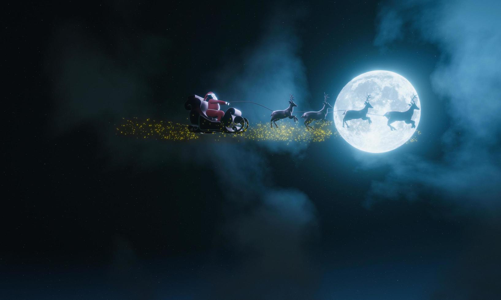 Silhouette Santa and Reindeer with golden magic sparkle flying in the dark sky with full moon and many stars. Concept for christmas eve. 3D rendering . photo