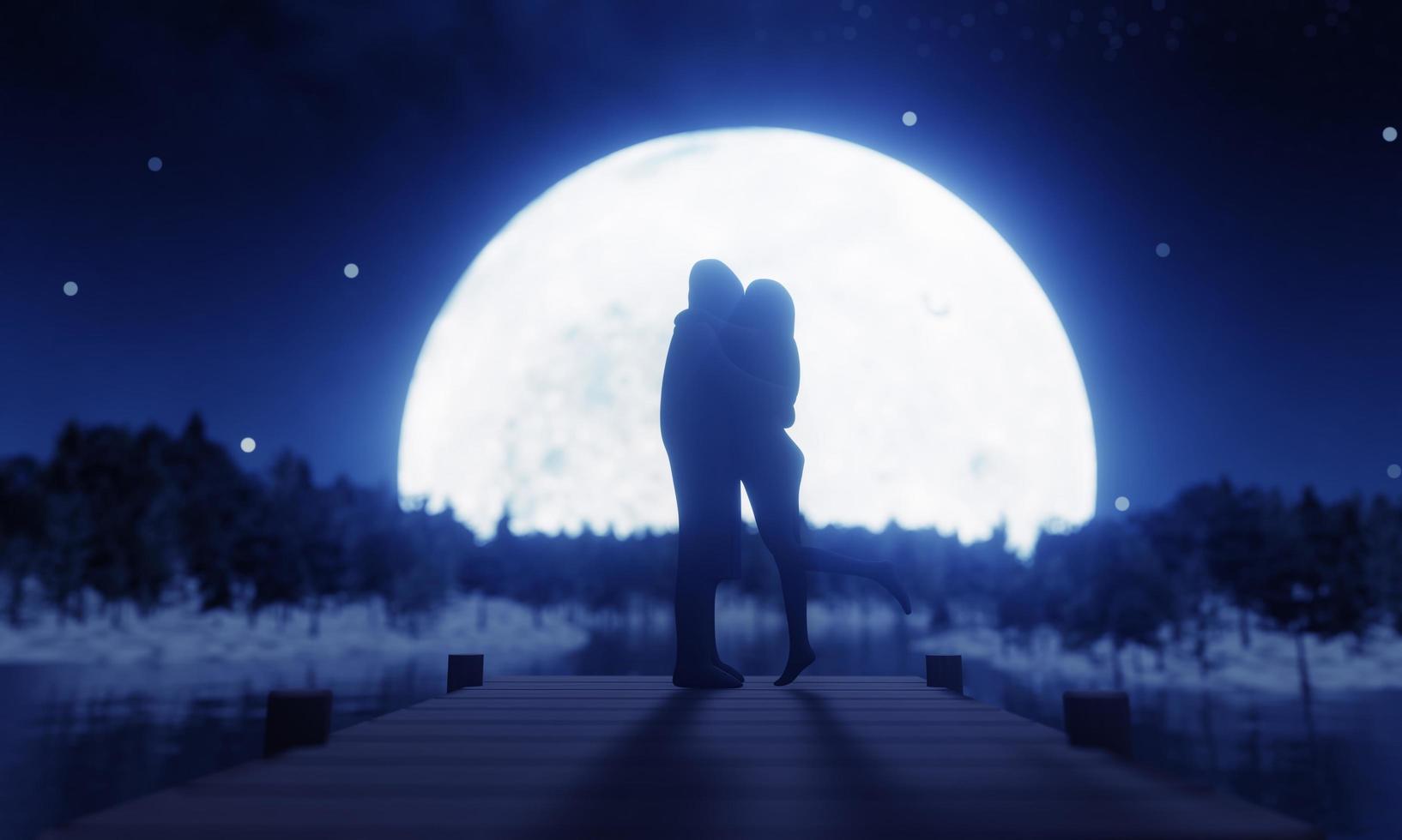 amantes de la silueta besándose románticamente hay una luna llena y una estrella llena del cielo como fondo. Propuestas románticas y de matrimonio. representación 3d foto