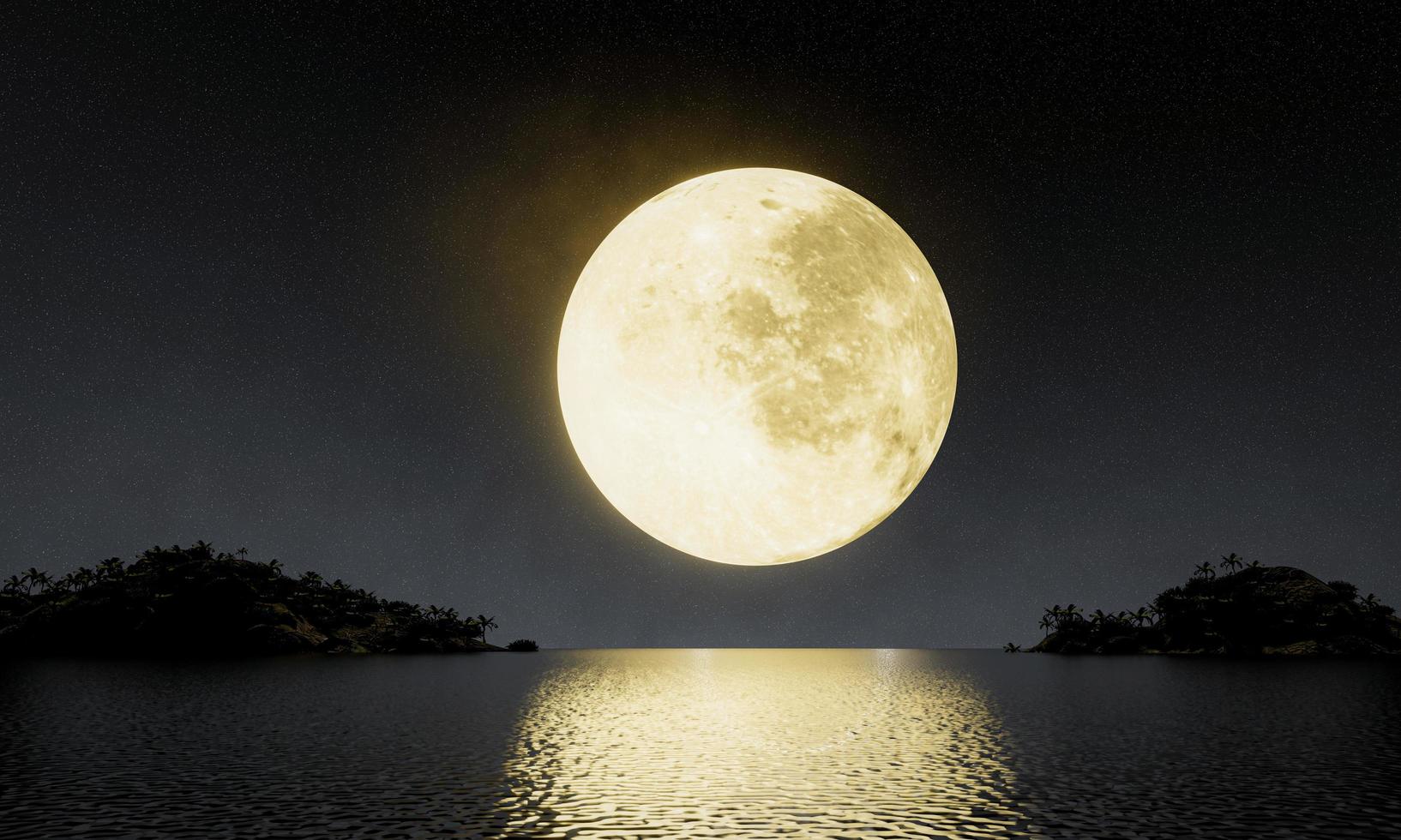 The golden yellow full moon is reflected in the sea. The shadow of the island in the ocean The