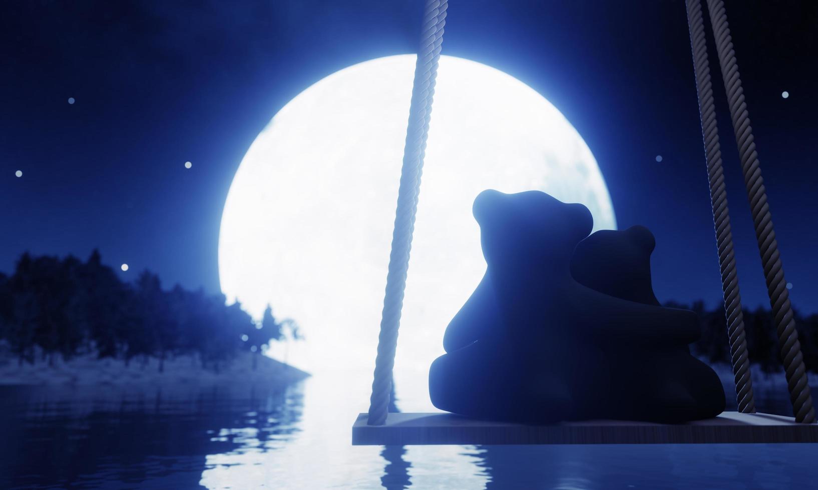 Silhouette Lovers Teddy Bears Hugging And Sitting On Swings heart shape Full moon night Many stars in the sky There is a reflection in the sea. The romantic of lovers Valentine Theme. 3D Rendering photo