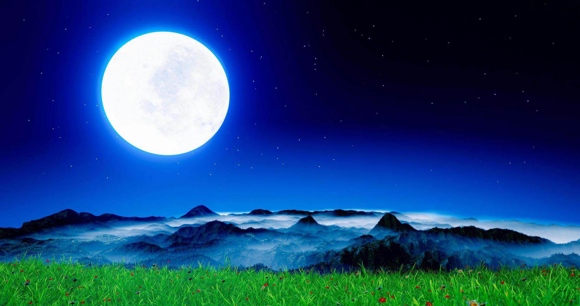 full moon night bright blue light On the high mountain complex. The mountain range has fog on the top of the mountain. Fresh green fields with flowers. Full moon night nature in the middle of the fore photo