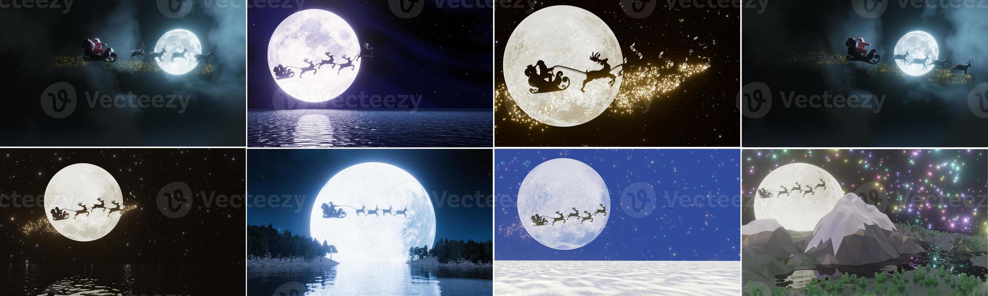 Set of Silhouette Santa and Reindeer with flying in the dark sky with full moon and many stars. The concept for Christmas eve. 3D Rendering photo