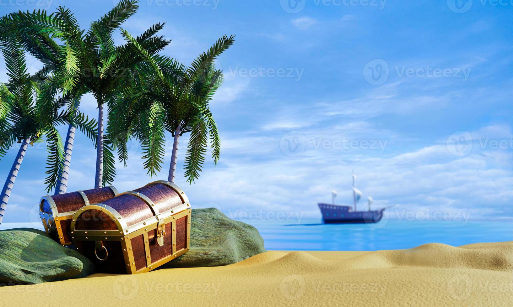 boxes or treasure chests. wooden treasure chest put on the beach at a deserted island in the theme of Pirate treasure. 3D rendering photo