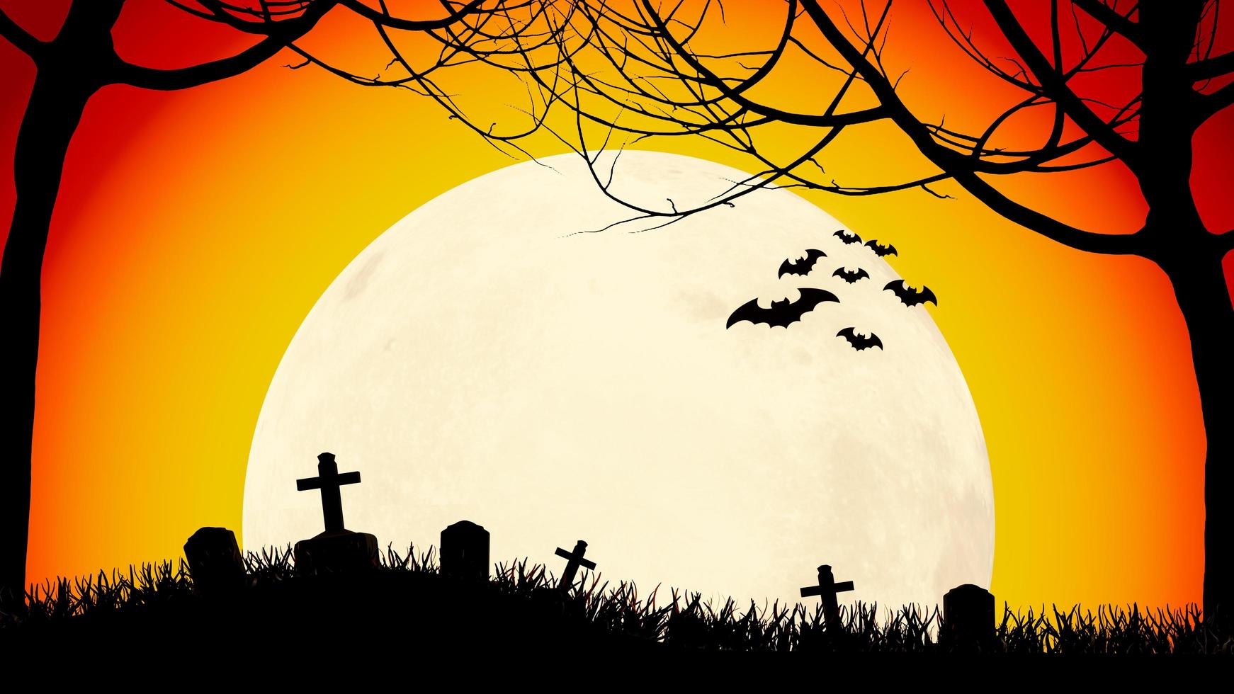 Background full moon orange and dead branches with tombstone or grave, no leaves, grass in silhouette for Halloween use. paper or flat background Halloween festival. 3d rendering photo