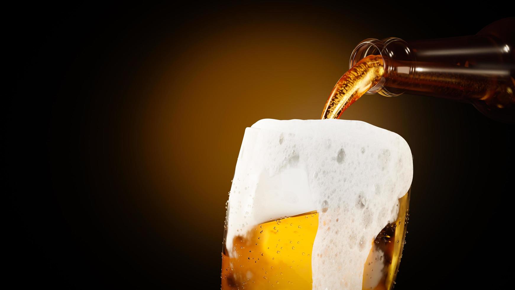 vierta cerveza en un vaso para llenar y hay muchas más espumas de cerveza hasta que el vaso se desborde. verter la espuma de cerveza sobre el vaso. fondo claro naranja dorado. representación 3d foto