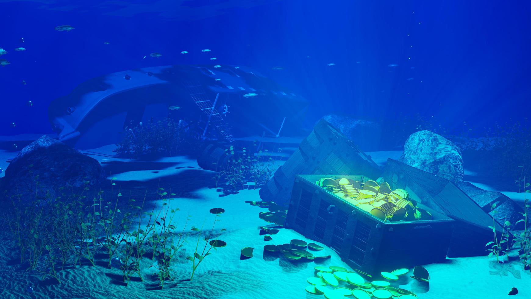 un viejo cofre del tesoro lleno de monedas de oro. ahogado bajo el mar. concepto de tesoro submarino, naufragio, naufragio. representación 3d foto
