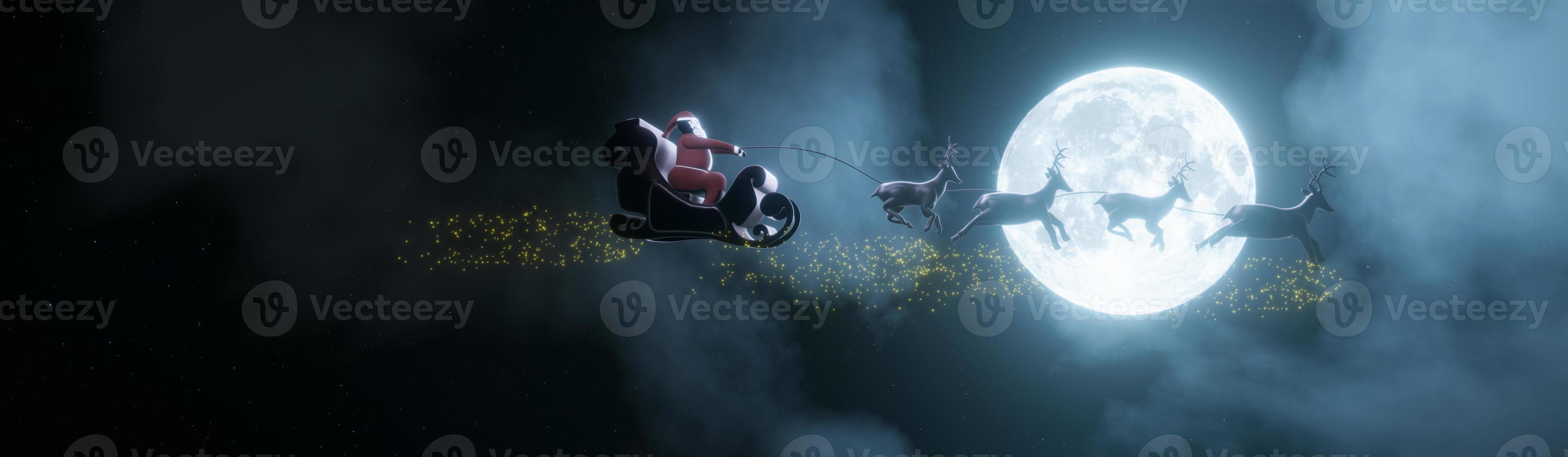 Silhouette Santa and Reindeer with golden magic sparkle flying in the dark sky with the full moon and many stars. The concept for Christmas eve. 3D rendering. photo