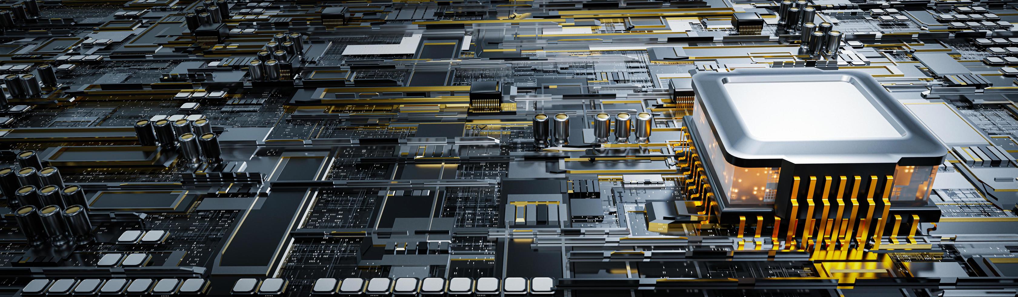 panel de la placa base, dispositivo electrónico o placa principal. imagen de tecnología industrial dentro de la maquinaria industrial. o una placa de circuito. cpu o chip de procesador en una placa de circuito. representación 3d foto