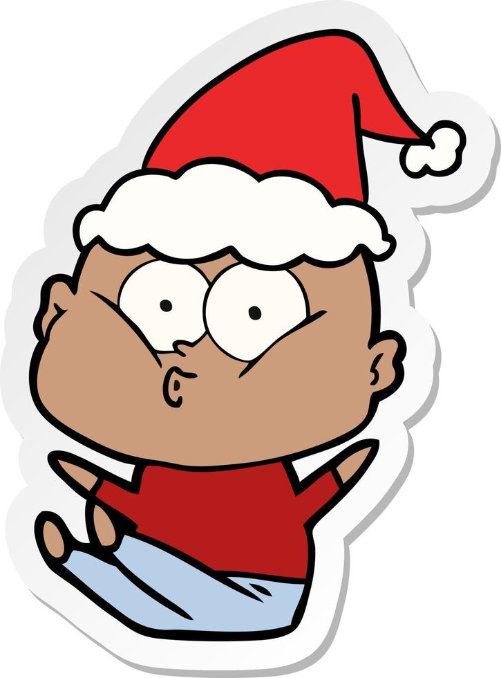 sticker cartoon of a bald man staring wearing santa hat vector