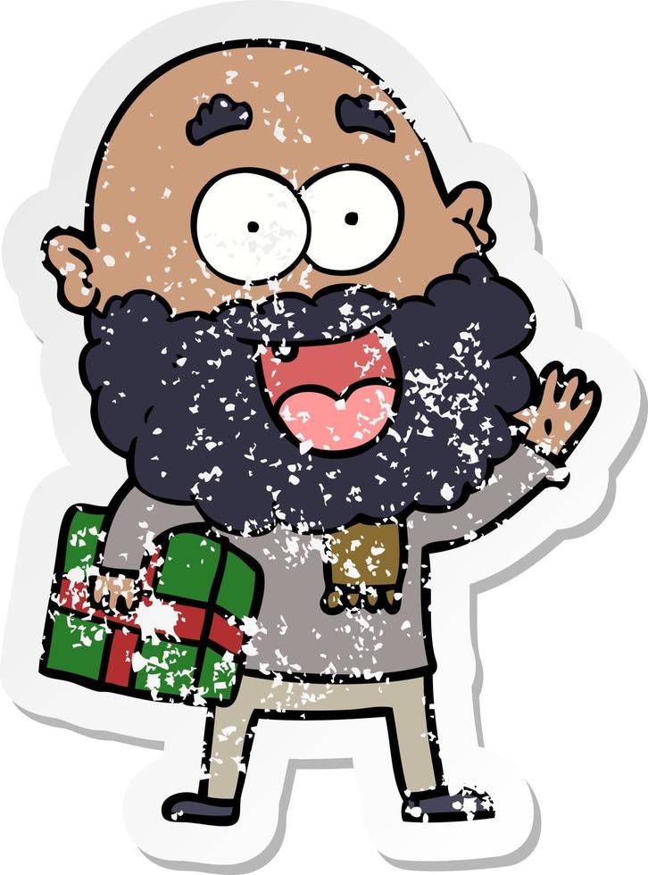 distressed sticker of a cartoon crazy happy man with beard and gift under arm vector