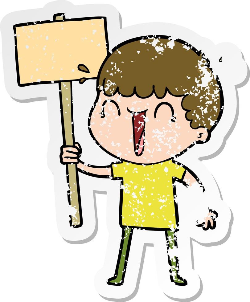 distressed sticker of a laughing cartoon man waving placard vector