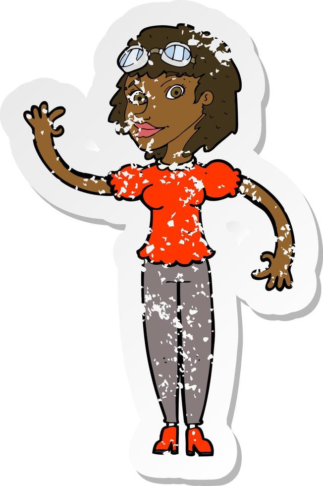 retro distressed sticker of a cartoon pilot woman waving vector