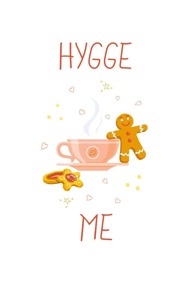 Autumn Hygge Card. Concept of Cosiness, Hot Tea, Cookies vector