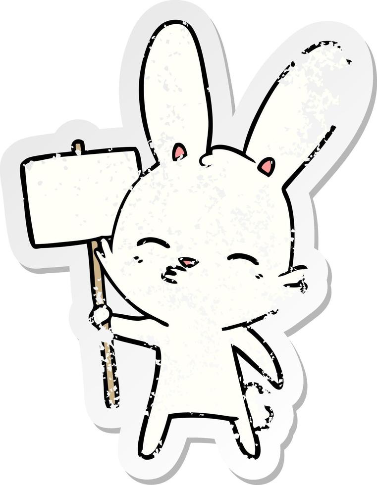 distressed sticker of a curious bunny cartoon with placard vector